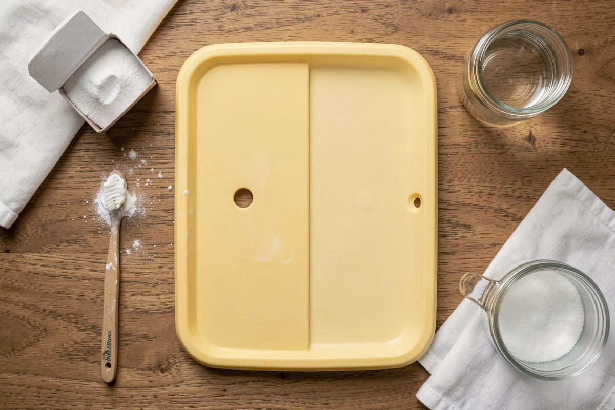 Vue du dessus d'un plateau en bois avec du bicarbonate, une brosse à dents usée et un plastique jauni en cours de nettoyage