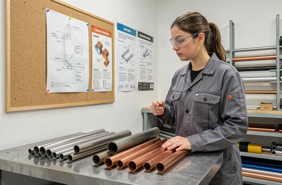 Apprentie plombière étudiant la compatibilité des métaux zinc cuivre et acier dans un atelier de formation professionnelle