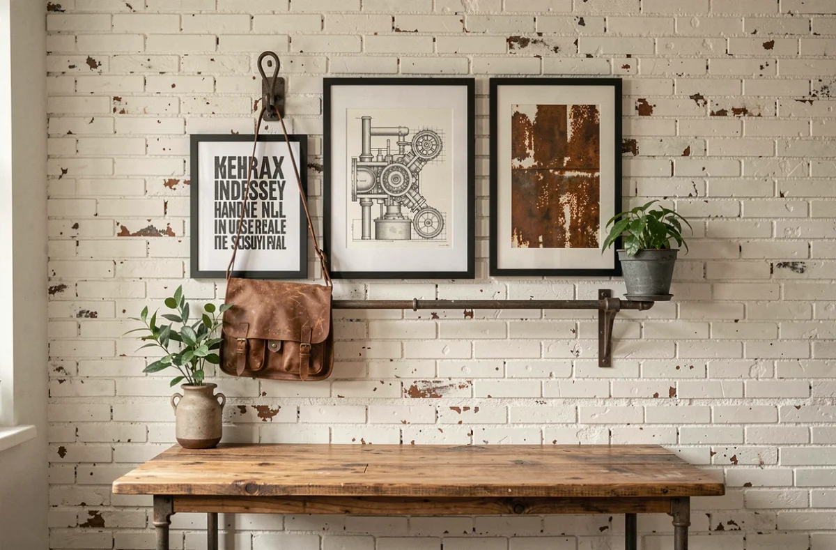 Galerie de cadres industriels au-dessus d'un bureau en bois récupéré avec crochets en fer forgé et étagère en tuyau d'acier brut sur mur en brique blanchie