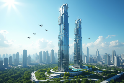 Gratte-ciel futuriste avec façades dynamiques et végétation