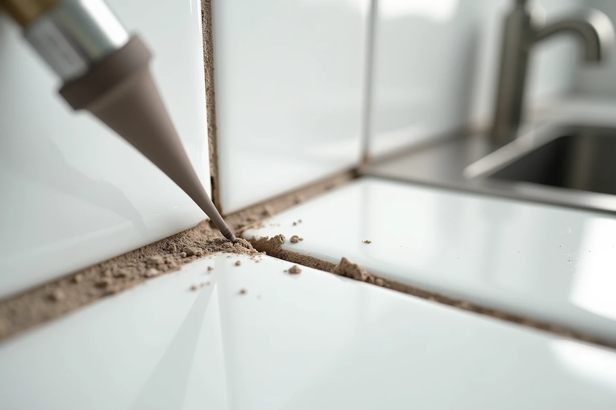 Gros plan sur des joints de carrelage cuisine dégradés avec application de résine époxy dans les fissures
