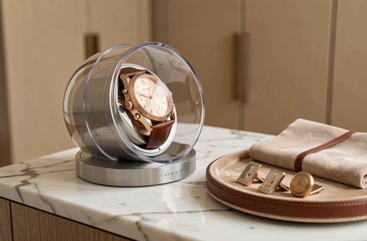 Gros plan d'un remontoir automatique transparent avec une montre chronographe or rose sur une commode en marbre dans une chambre raffinée