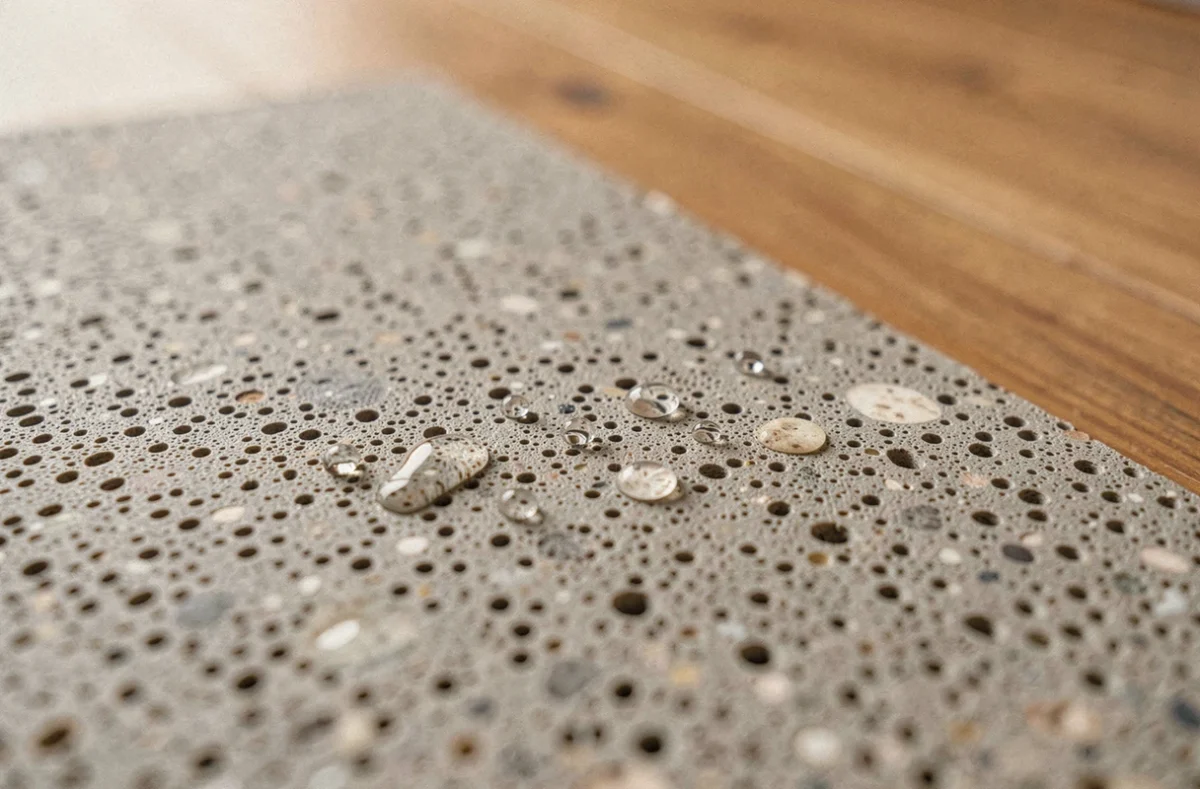 Gros plan sur la surface poreuse d'un tapis diatomite avec gouttes d'eau illustrant l'absorption