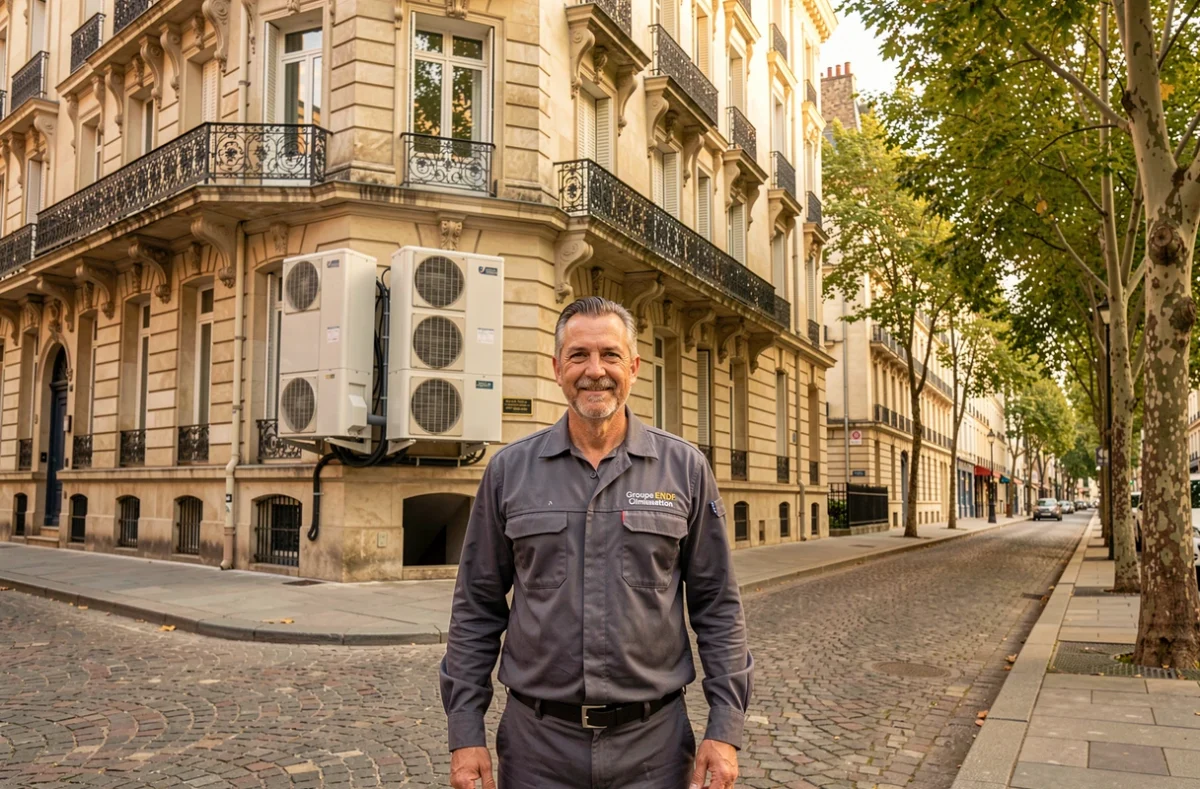 Technicien Groupe ENDF Climatisation devant une installation multi-split sur un immeuble haussmannien en Île-de-France