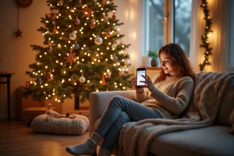 Femme en pull douillet contrôlant une guirlande de Noël connectée depuis son canapé avec un smartphone
