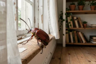 Hanneton posé sur le rebord de fenêtre d'une maison rustique, symbolisant l'entrée d'un insecte chez soi et les superstitions associées