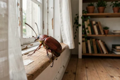 Hanneton posé sur le rebord de fenêtre d'une maison rustique, symbolisant l'entrée d'un insecte chez soi et les superstitions associées