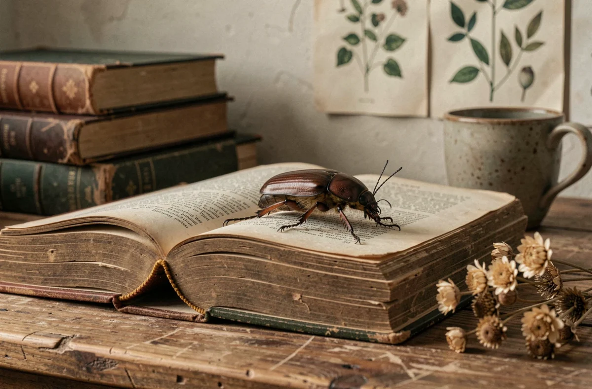 Hanneton sur un livre de folklore ouvert, illustrant la frontière entre superstition et symbolisme culturel lié à cet insecte