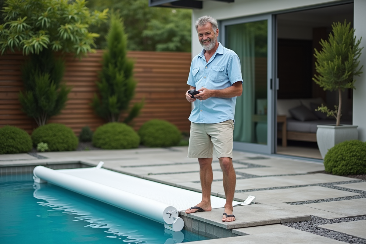 Homme souriant activant la couverture automatique de la piscine