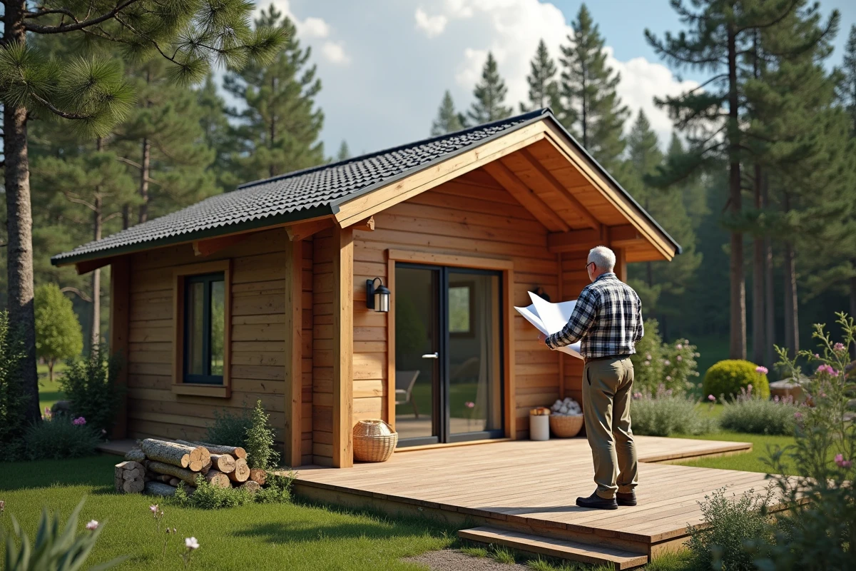 Homme regardant des plans devant un chalet en bois entouré de nature