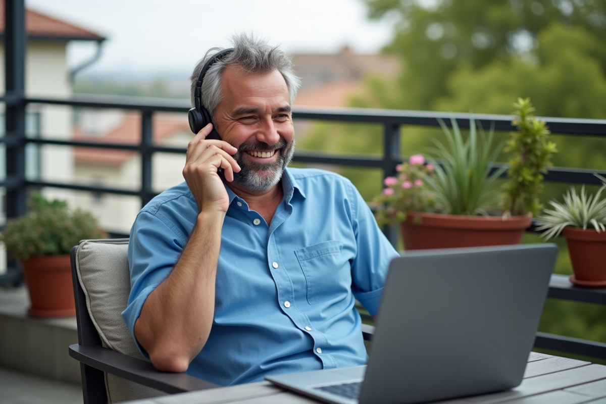 Homme souriant avec casque sur un balcon en extérieur
