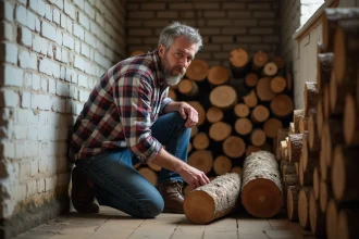 Homme d'âge moyen empilant du bois près d'une maison rustique