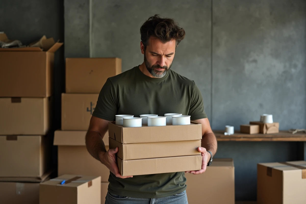 Homme tenant des cartons à vaisselle compartimentés dans un espace de stockage avant un déménagement, entouré de boîtes empilées