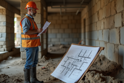 Homme en tenue de chantier examinant des plans de construction