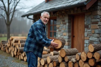 Homme en flanelle bleue charge du bois dehors en hiver