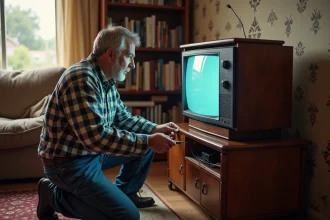 Homme connectant un décodeur à une vieille télévision vintage