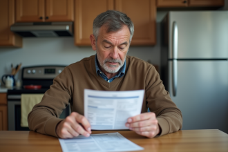 Homme d'âge moyen examinant sa facture d'électricité à la maison