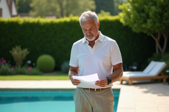 Homme d'âge moyen examinant des papiers devant sa piscine