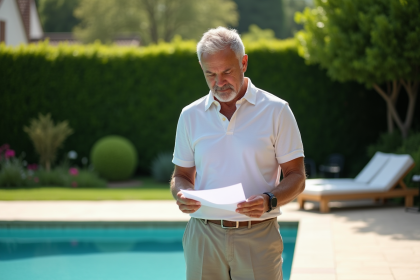 Homme d'âge moyen examinant des papiers devant sa piscine