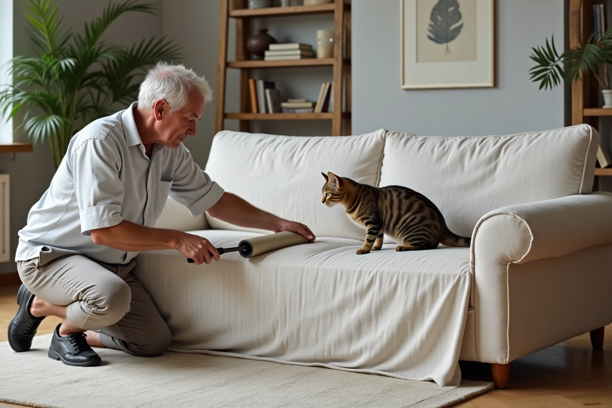 Homme utilisant rouleau anti-peluches avec chat curieux