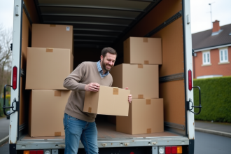 Homme souriant empilant des cartons dans un camion de déménagement