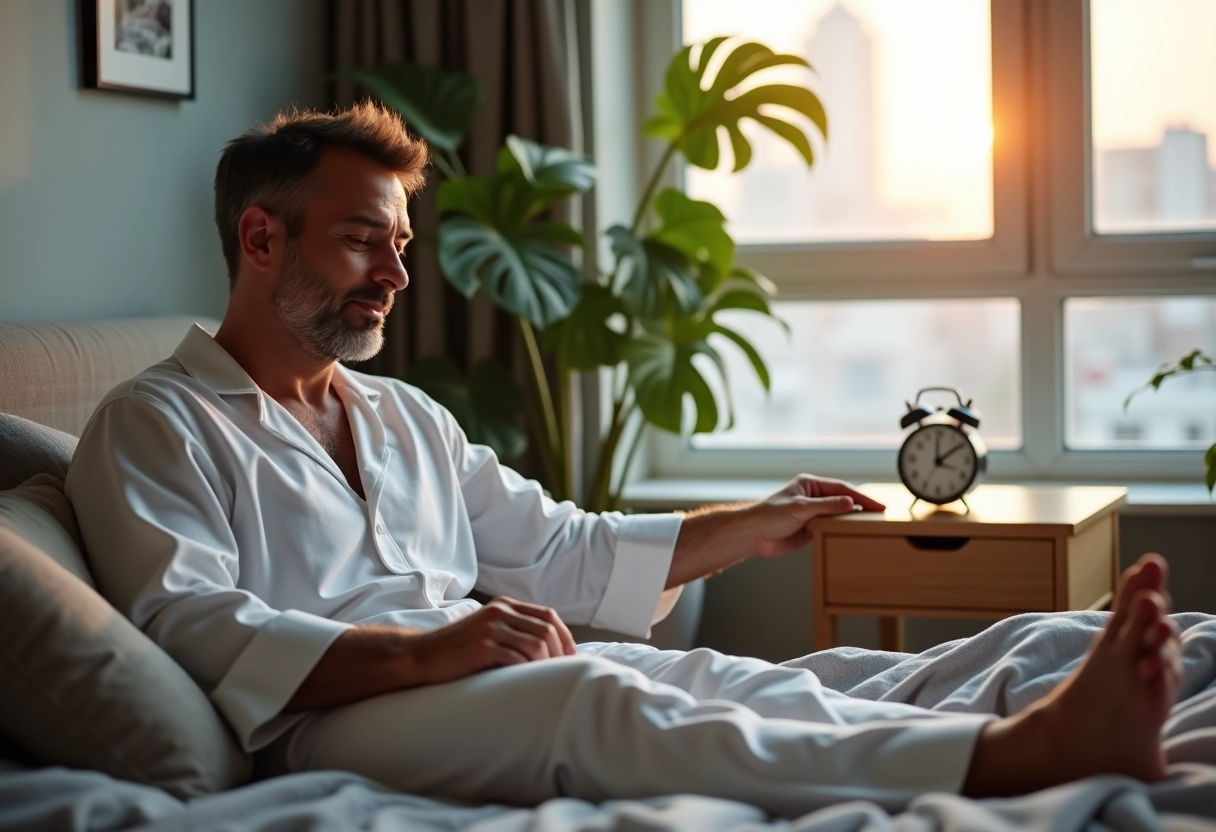 Homme se réveillant avec réveil matin dans chambre moderne