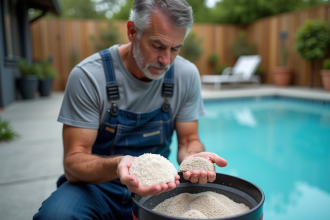 Homme en overalls vérifiant filtre piscine avec sable et granulés