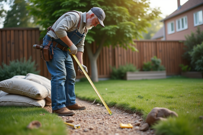 Homme mesurant un jardin avec une règle dans un jardin