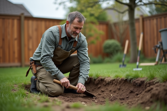 Homme d'âge moyen en pantalon de travail et chemise longue en train de niveler le sol dans un jardin
