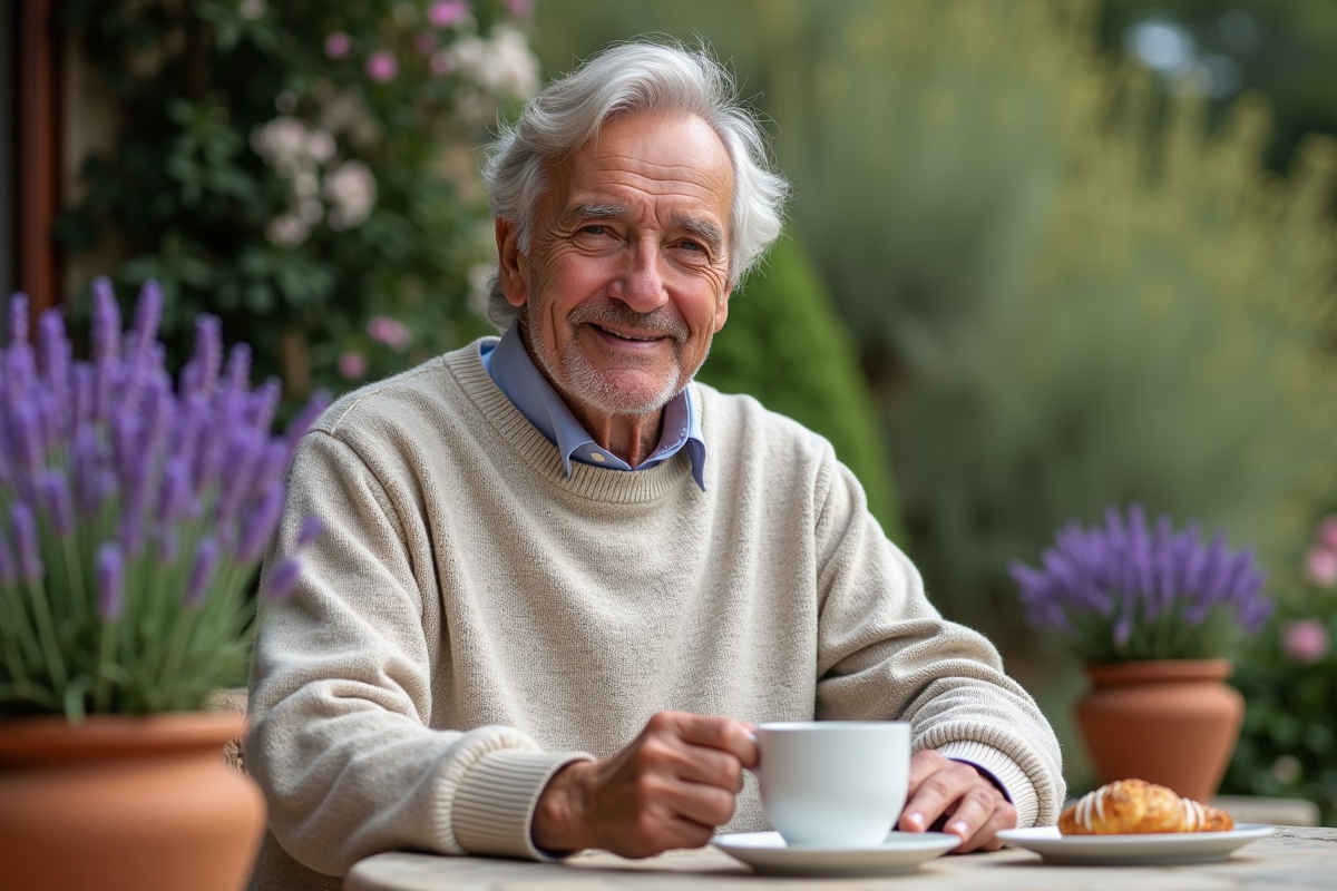 Homme âgé dégustant une tisane à la lavande dans un jardin provençal