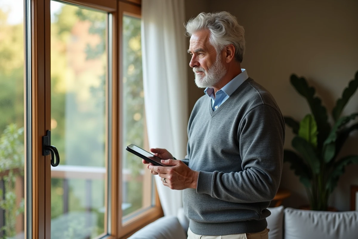 Homme âgé regardant un tableau de gestion immobilière