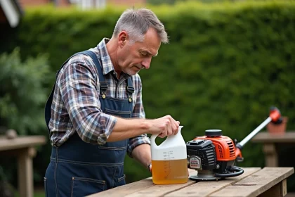 Homme en tenue de travail mesurant de l'huile moteur dans le jardin