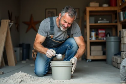 Homme mesurant du mortier dans un garage propre