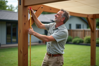 Homme mesurant une pergola en bois dans un jardin