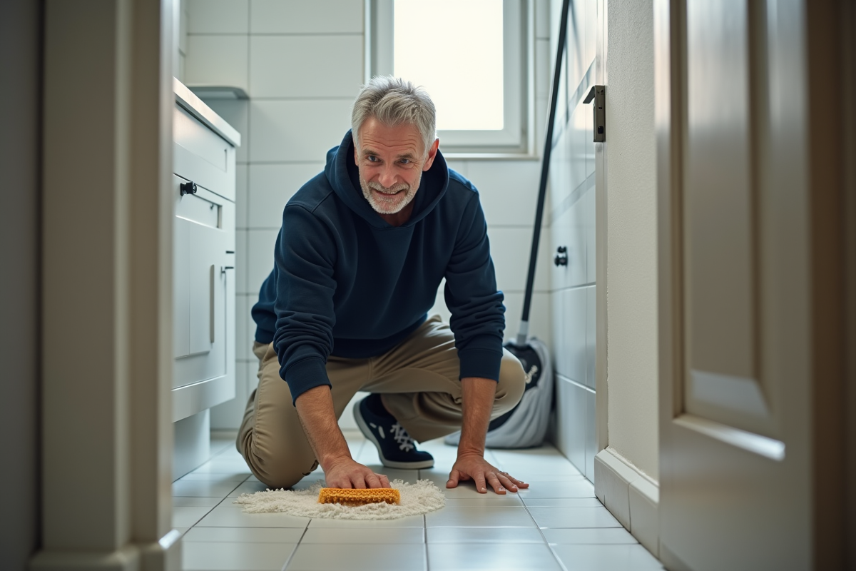 Homme nettoyant le sol de la salle de bain