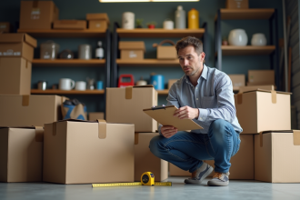 Homme en jeans dans un garage organisé note sur un clipboard