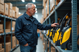Homme examine un nettoyeur pression en magasin