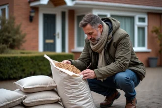Homme d'âge moyen inspectant des sacs de pellets de bois devant une maison