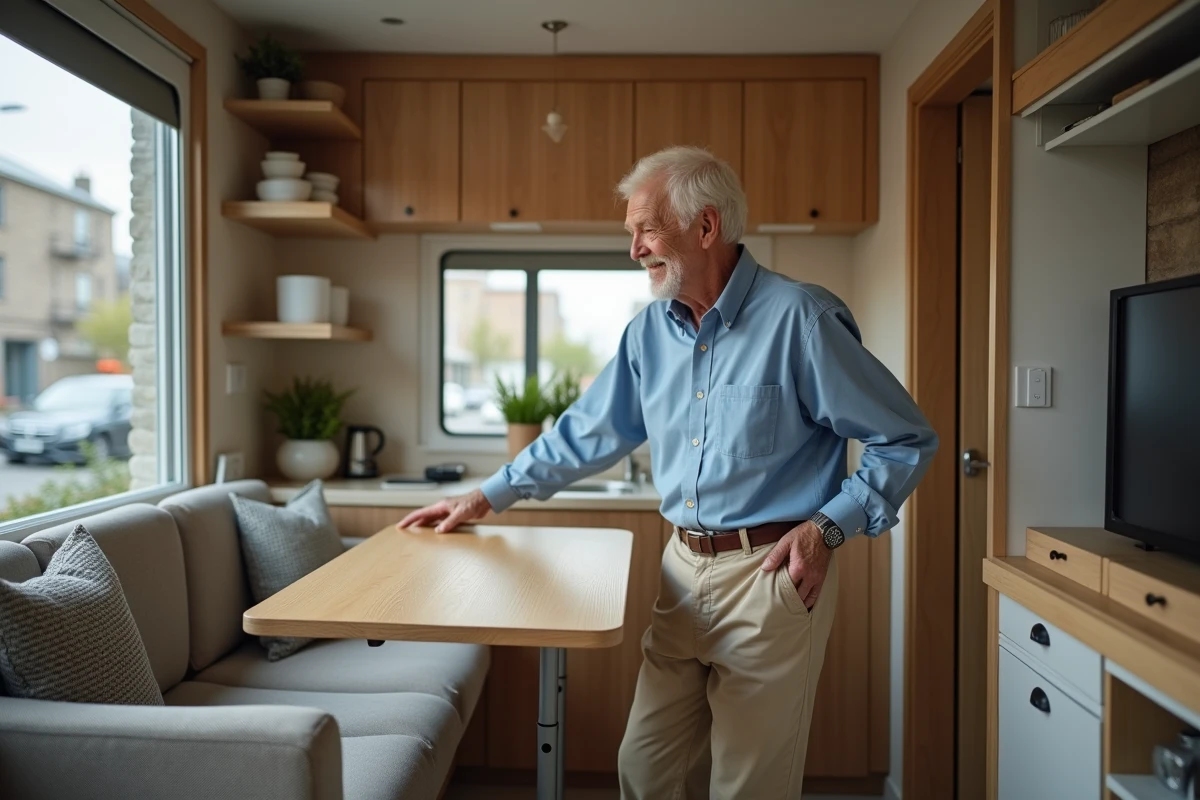 Homme âgé pliant une table dans un studio organisé