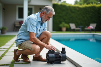 Homme d'âge moyen ajuste une pompe de piscine dans un jardin