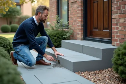 Homme examine une marche en béton devant une maison moderne