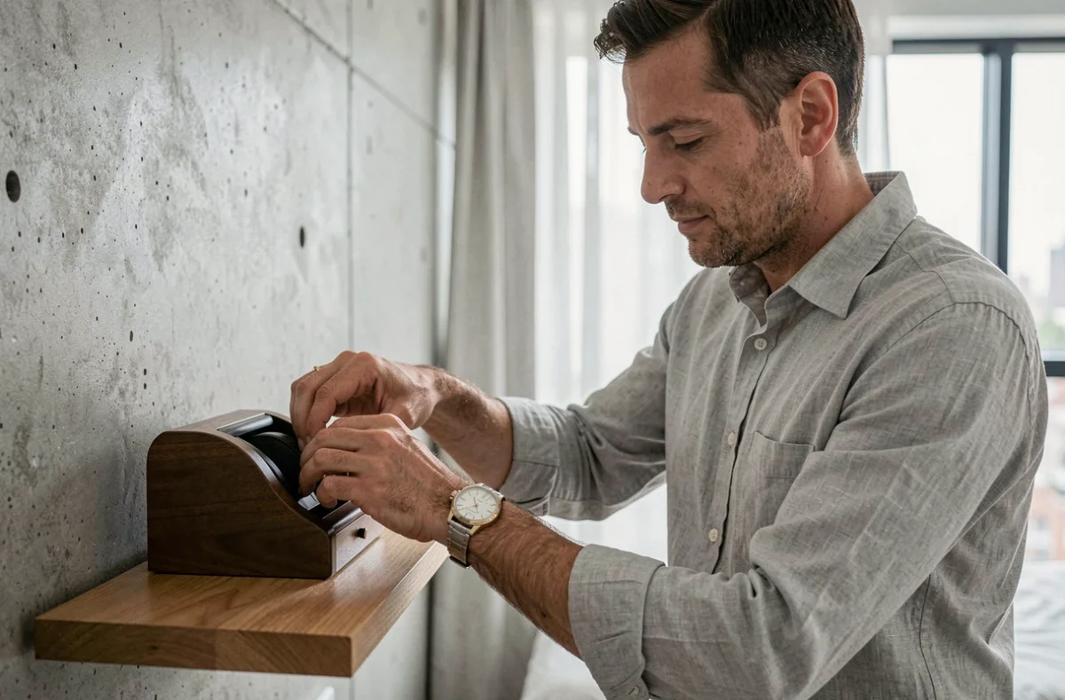 Homme déposant une montre automatique dans un remontoir discret sur une étagère murale dans une chambre moderne