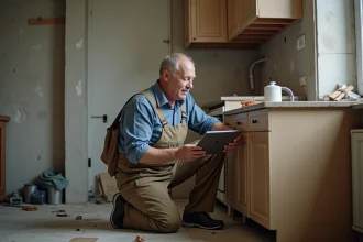 Homme en salopette examine une tablette dans une cuisine en rénovation