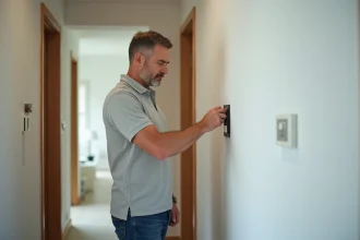 Homme vérifiant un interrupteur Legrand dans un couloir moderne