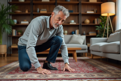Homme d'âge moyen examine un tapis avec attention dans un salon moderne