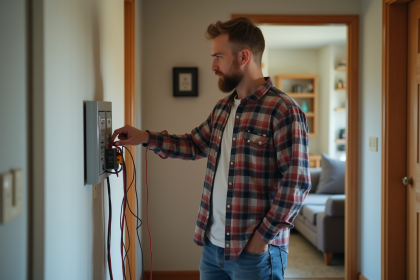 Homme vérifiant un panneau électrique dans une maison