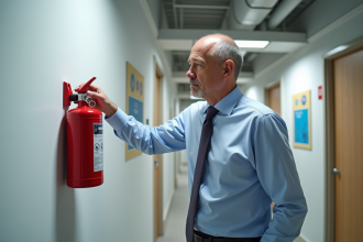 Homme d'affaires inspectant un extincteur rouge dans un bureau moderne