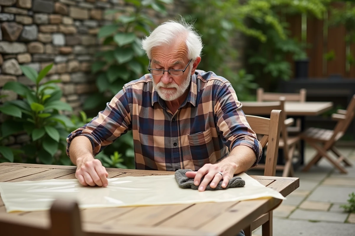 Homme senior inspectant une nappe en vinyle sur une table extérieure