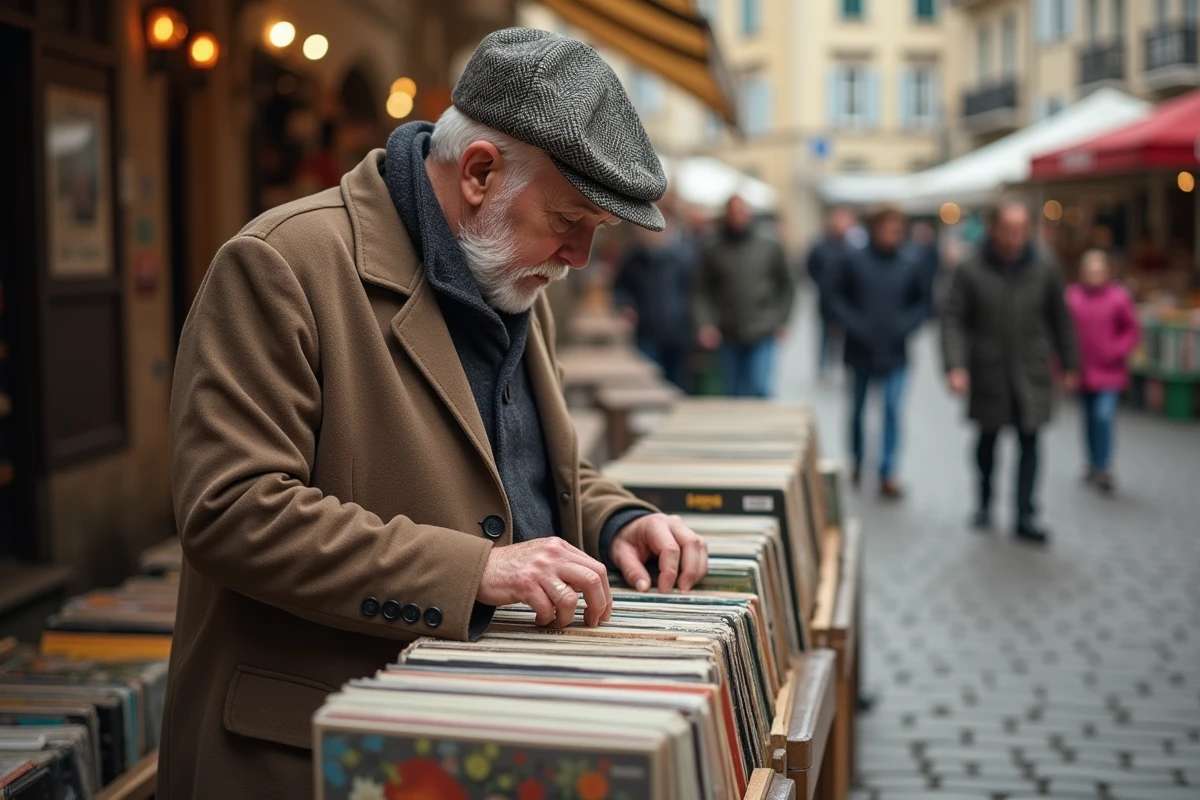Homme âgé cherchant des vinyles dans une brocante locale