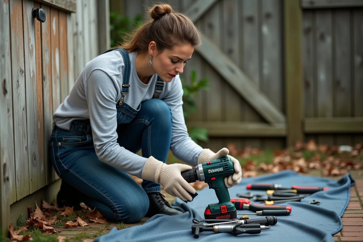 Femme appliquant de l'huile protectrice sur une perceuse Parkside à l'extérieur près d'un abri de jardin